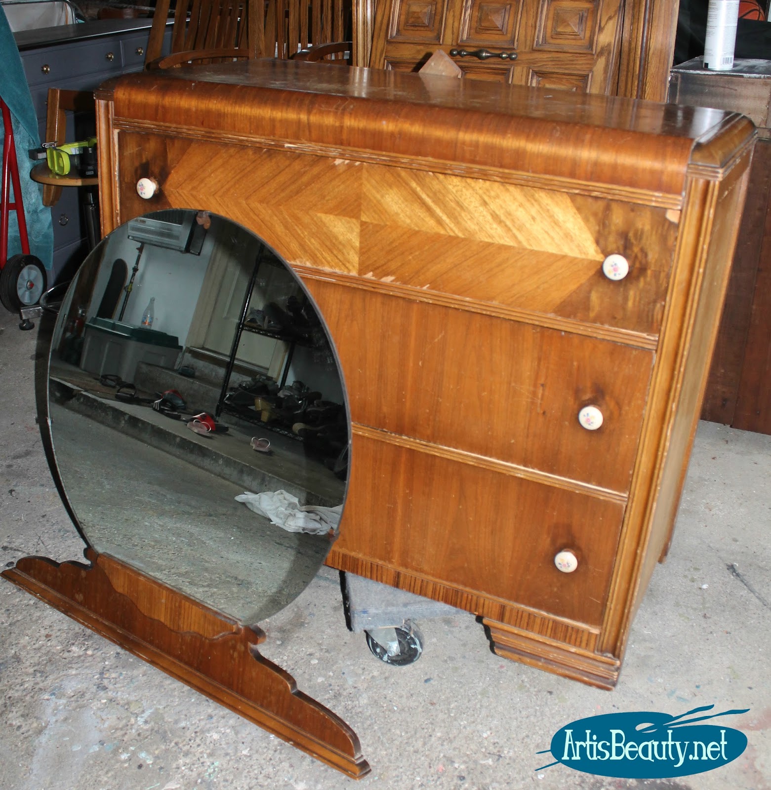 Art Is Beauty Bohemian Blue Painted Vintage Dresser With French Graphic Old Wood Waterfall Dresser Makeover With Round Mirror