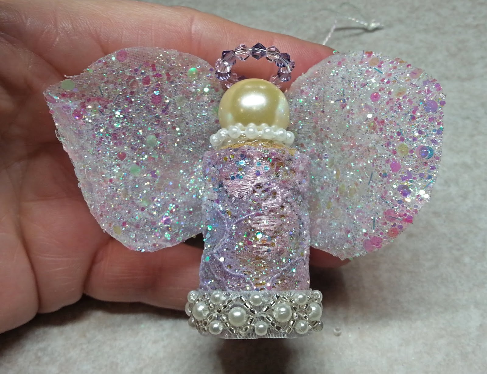 Angel Ornament ~ Holiday Decorations ~ Pink Tinsel, Beads, Jewel