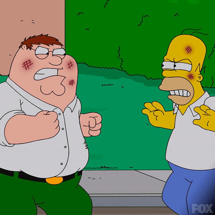 Peter Griffin and Homer Simpson having a chicken fight in The Simpsons Family Guy crossover episode