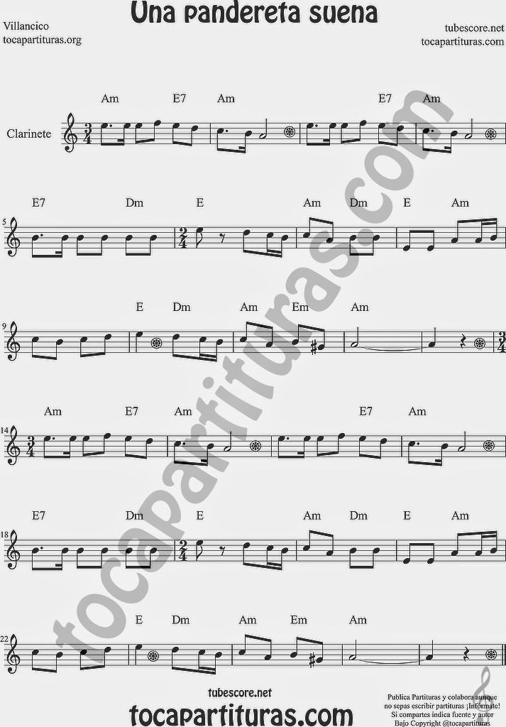 Una Pandereta Suena Partitura de Clarinete Sheet Music for Clarinet Music Score