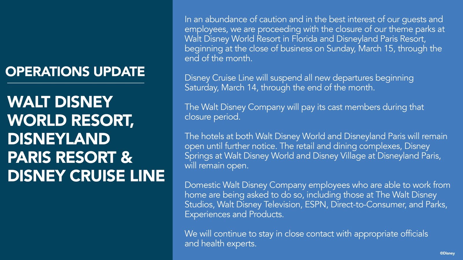 Disney Announces Closure of Disneyland, Walt Disney World, and