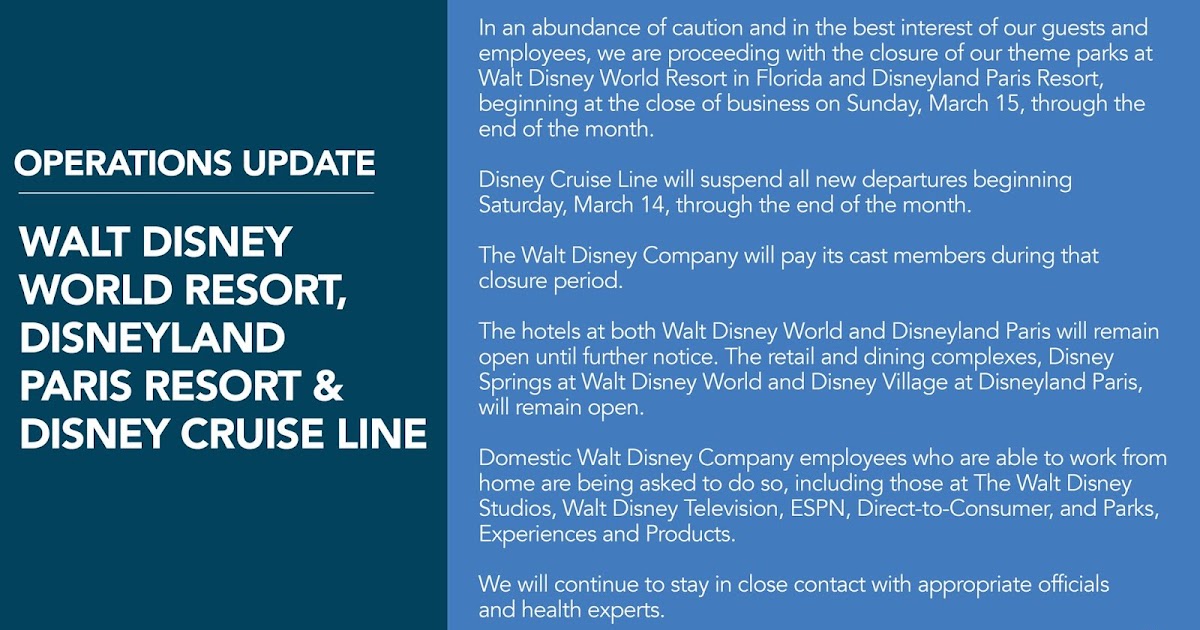 Disney Announces Closure of Disneyland, Walt Disney World, and