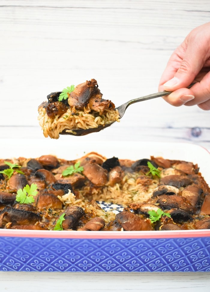 Mushroom Rice Bake with Gravy Tinned Tomatoes