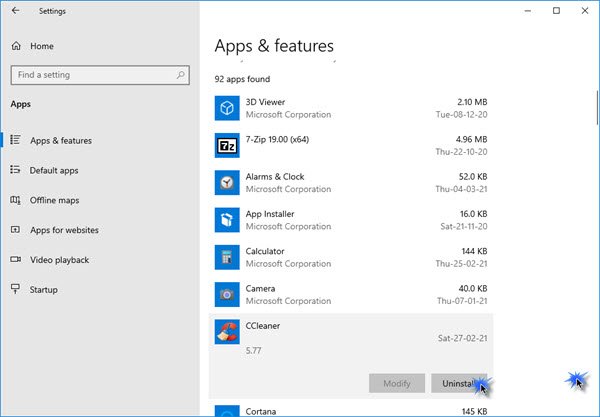 gỡ cài đặt Chương trình hoặc ứng dụng trong Windows 10
