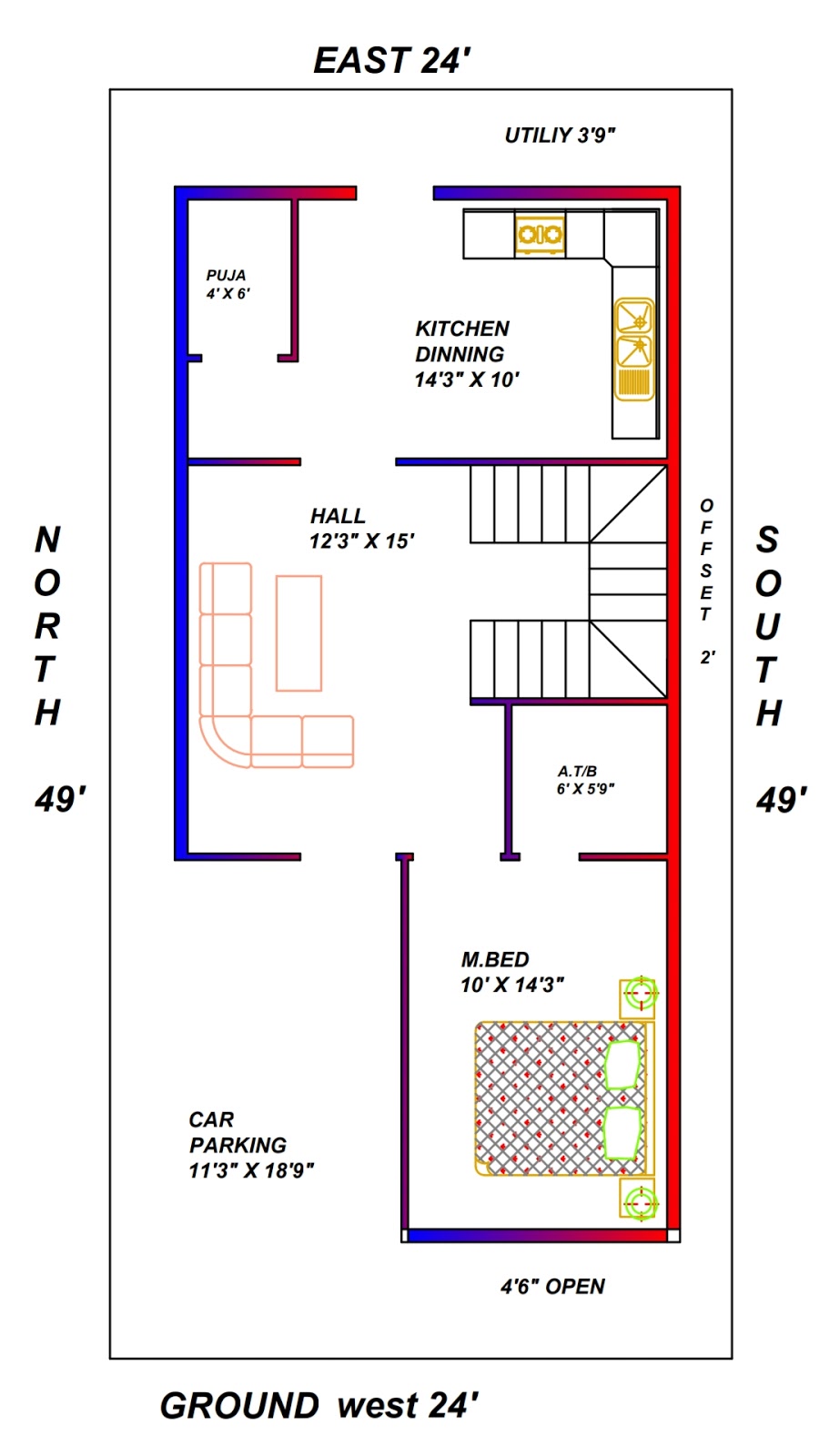 24 x 50 west face duplex house plan with 3 bedroom map