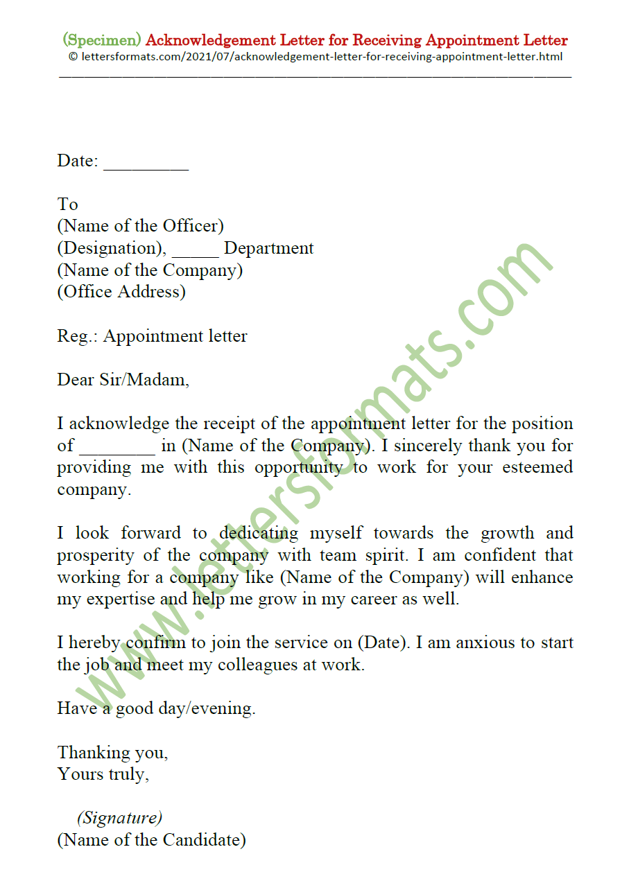Draft Acknowledgement Letter for Receiving Appointment Letter