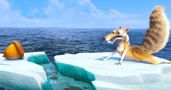 Scrat looking at a nut on another floe in Ice Age: Continental Drift animatedfilmreviews.filminspector.com 2012