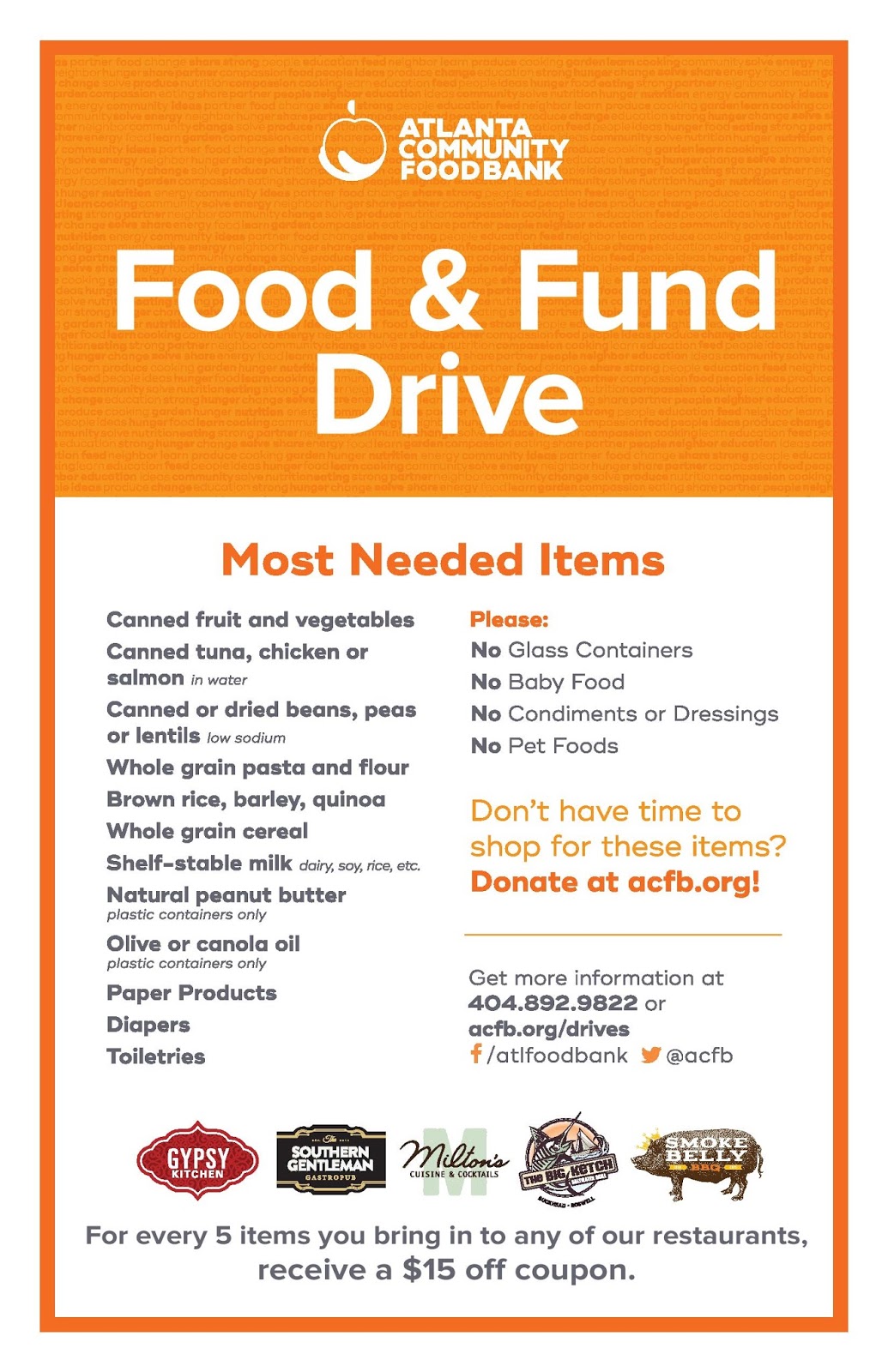 Atlanta Dish Uncanny Incentive Donate Food and Pick Up a 15 Coupon