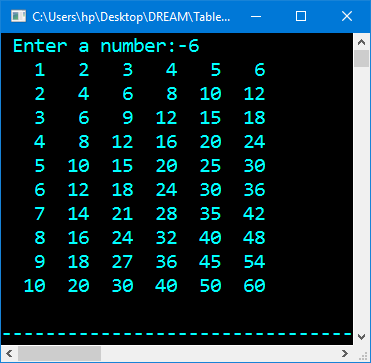 Program in C++ to print table 1 to any number using Function