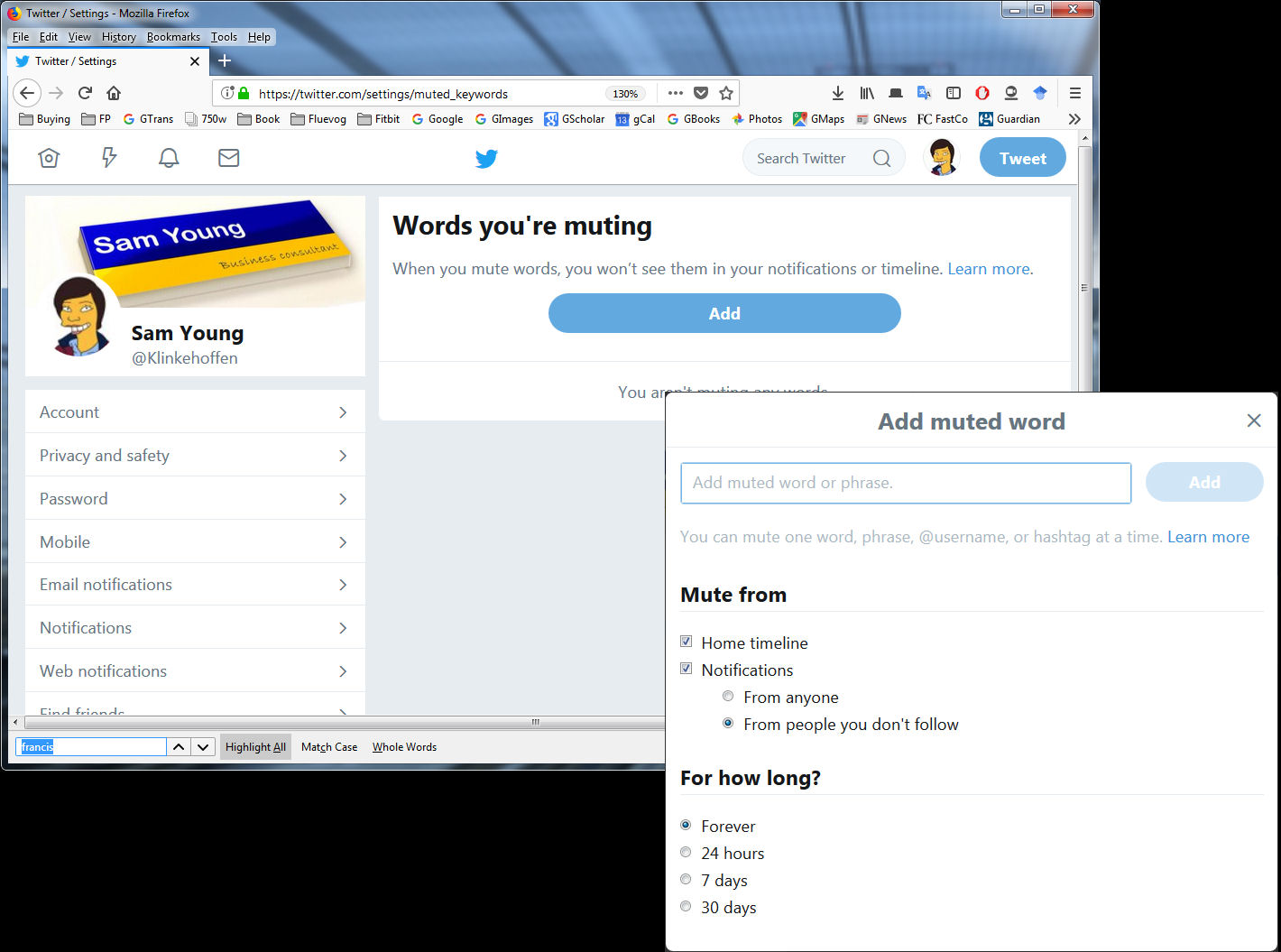 Sam Young Muting Twitter accounts or terms