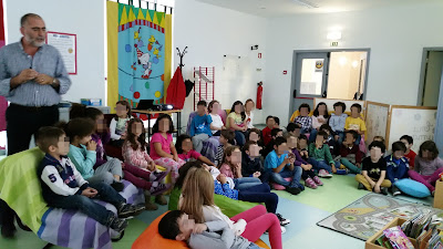 Visita guiada à Biblioteca da EB1 nº 1 de Vila Franca de Xira Um grupo de alunos do 1º ciclo sentado no chão e em sofás, na biblioteca escolar, ouve o professor bibliotecário falar da biblioteca.