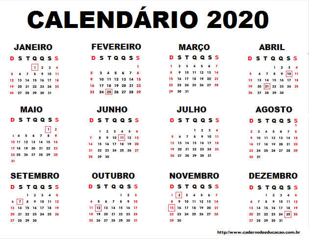 Calendário 2020 Com Feriados Calendário 2020 Feriados Nacionais E