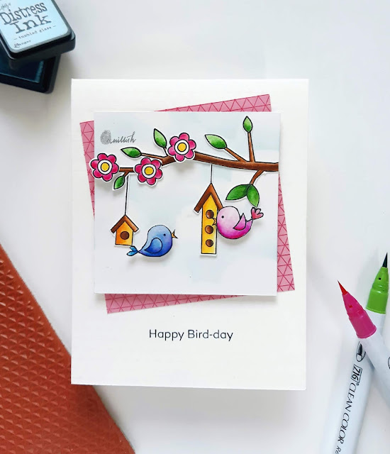 MFT stamps Tweet on you, MFT background stamp Geometric grid, CAS card, Birthday card, Zig clean colour brush pens, water colouring, Quillish, cards by Ishani, bird card, MFT bird stamps