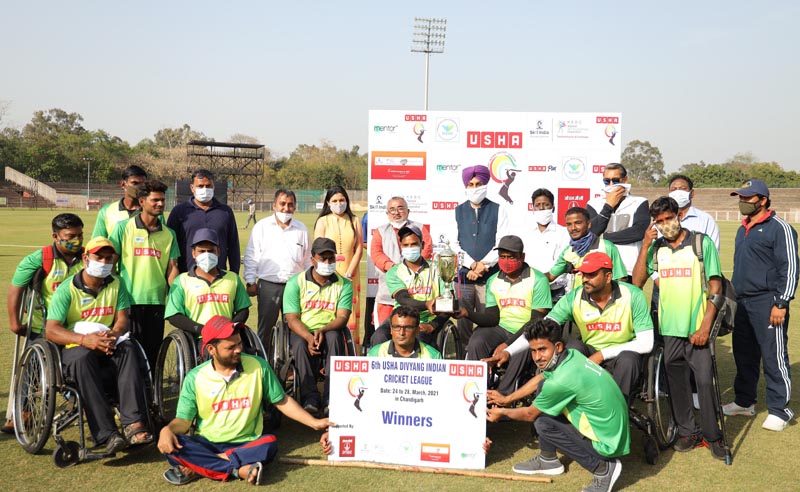 Winners of Usha Divyang Cricket League 2021 pose for a group photograph