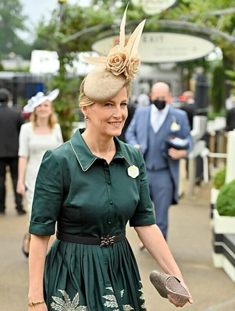 Countess of Wessex wore a new metallic embroidery palm shirt dress by Suzannah. Zara Tindall wore a floral print mini dress by Erdem