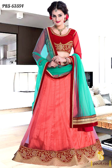 Red and Peach Color Net Fancy Designer Modern Girls Wear Wedding Bridal Lehenga Choli Online Shopping with Low Cost Price Rate at Pavitraa.in