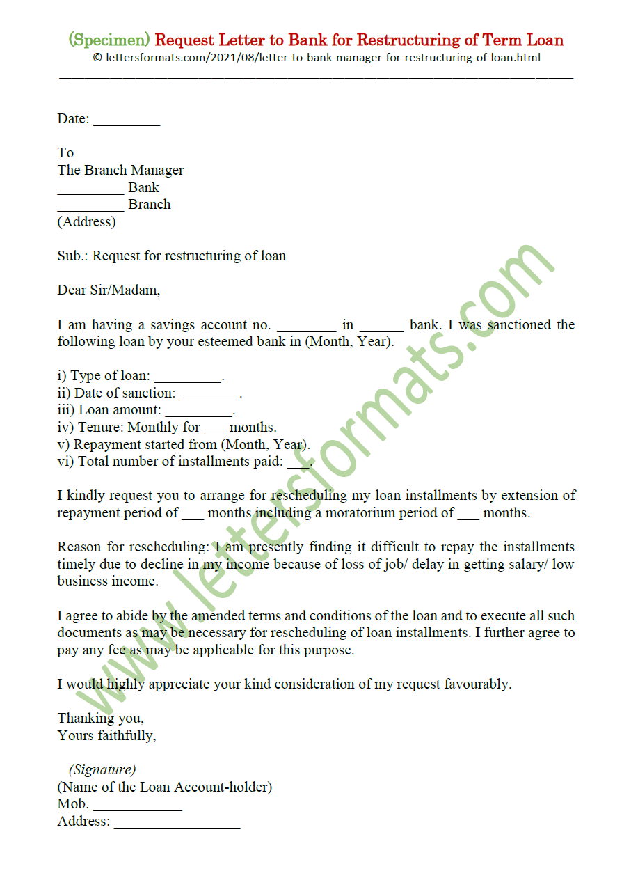 Sample Request Letter to Bank for Restructuring of Term Loan