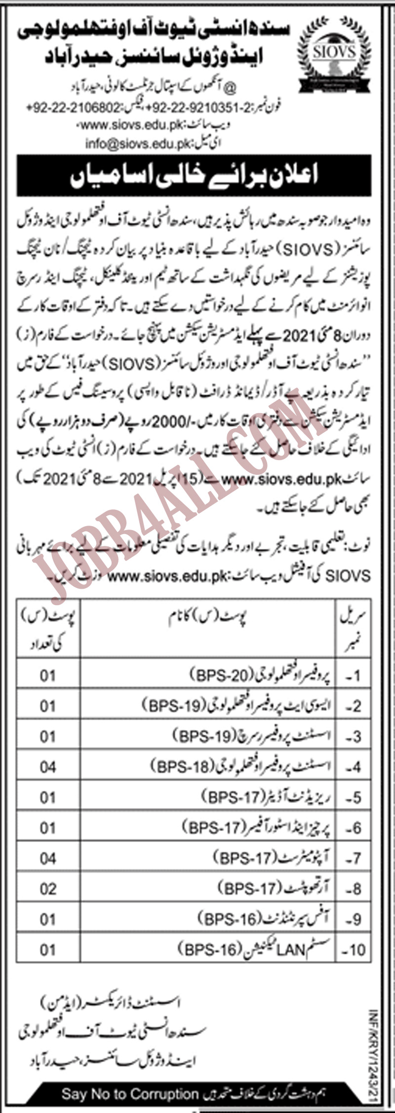 Sindh Institute of Ophthalmology and Visual Science Jobs 2021