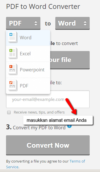 Mengisi formulir untuk mengonversi berkas PDF ke Word
