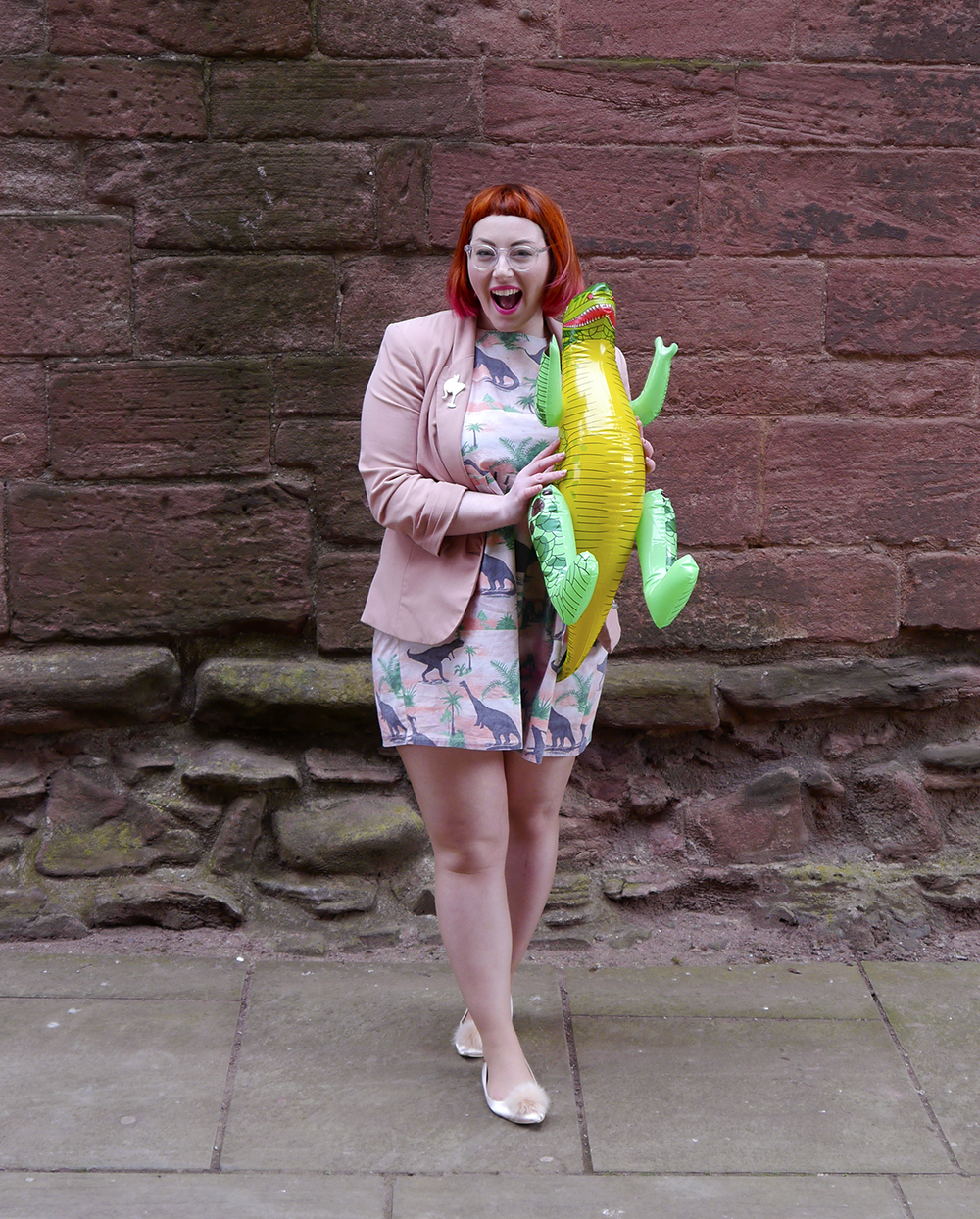 Styled by Helen: Dinosaur Dress Styled by Helen, Scottish Blogger, red hair, red bob, Fashion Blogger, Dinosaur dress, dinosaur party, dinosaur style, pink outfit, Vintage Style Me, Vintage Style Me dinosaur dress, pink blazer, ASOS pink pom pom shoes, Karen Mabon x Lucky Dip CLub, Cat and cocktail brooch, Iolla glasses, subtle dip dye hair, pink and red hair, #seewithiolla