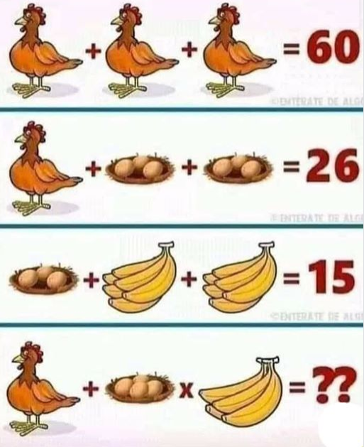 Neste problema o Matemático Valdivino Sousa explica de uma forma didática de como resolver, basta nos saber interpretar cada objeto e também saber as regras das operações matemáticas.     Na quarta linha devemos o aluno deve saber a regra (MDSS) onde primeiro resolvermos a Multiplicação segundo a Divisão, terceiro a Soma e quarto a Subtração, conhecido como elemento das expressões numéricas.  Então vamos à resolução: