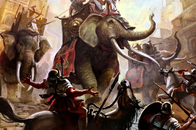 Слоны Карфагена против римской пехоты и кавалерии  в представлении современного художника