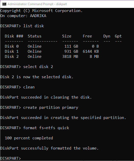 Windows'da Komut İstemi'ni kullanarak USB sürücüsünü biçimlendirme 3 2 format usb drive cmd format command
