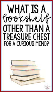 picture of stack of books with the quote: What is a bookshelf other than a treasure chest for a curious mind?