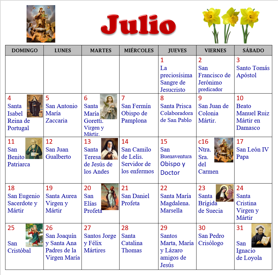 "MI PARROQUIA DE LOS DOCE APÓSTOLES" SANTORAL DEL MES DE JULIO