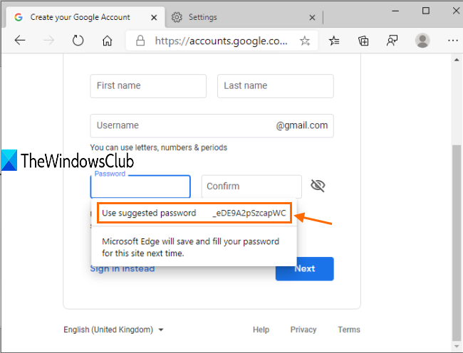 casella dei suggerimenti per una password complessa visibile in Microsoft Edge