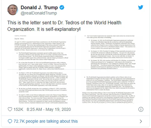 Donald Trump letter to WHO