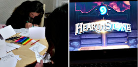 My girls doing some Easter colouring and the online game Hearthstone