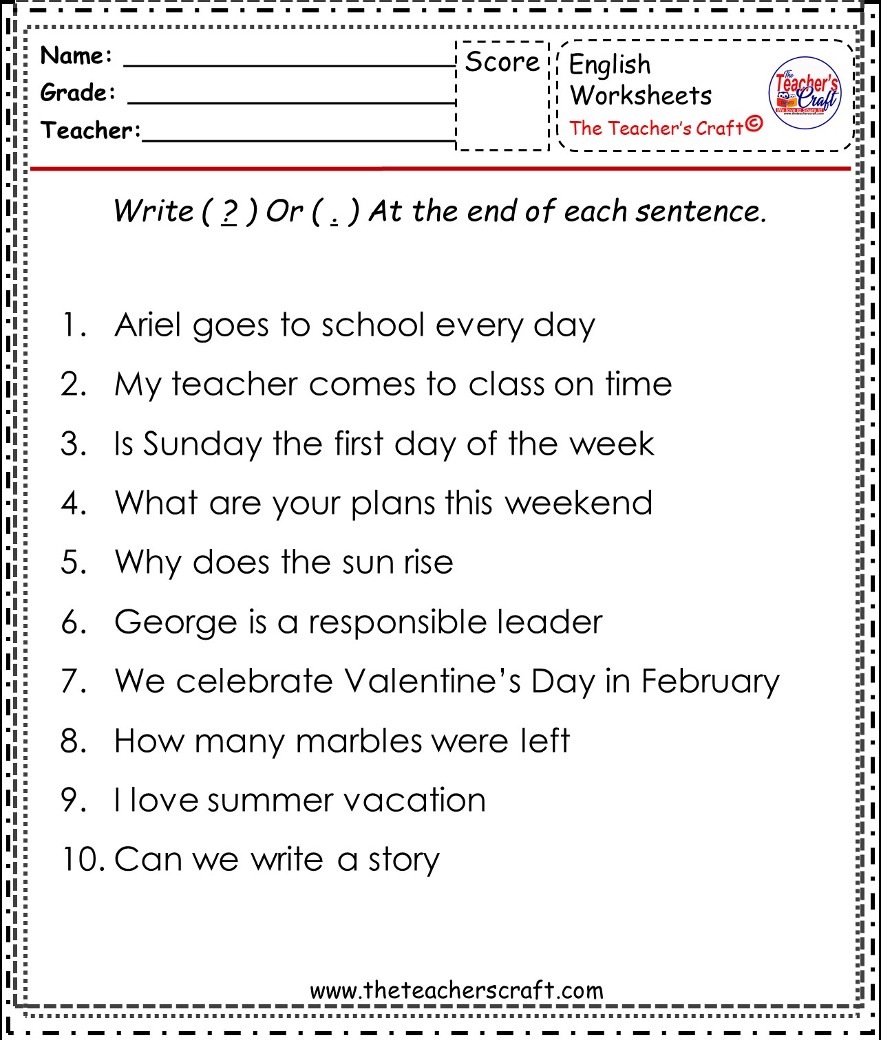 Asking Sentences Worksheet 1st Grade