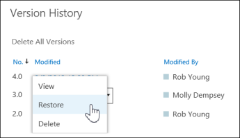 восстановить или восстановить предыдущие версии файла или документа в OneDrive