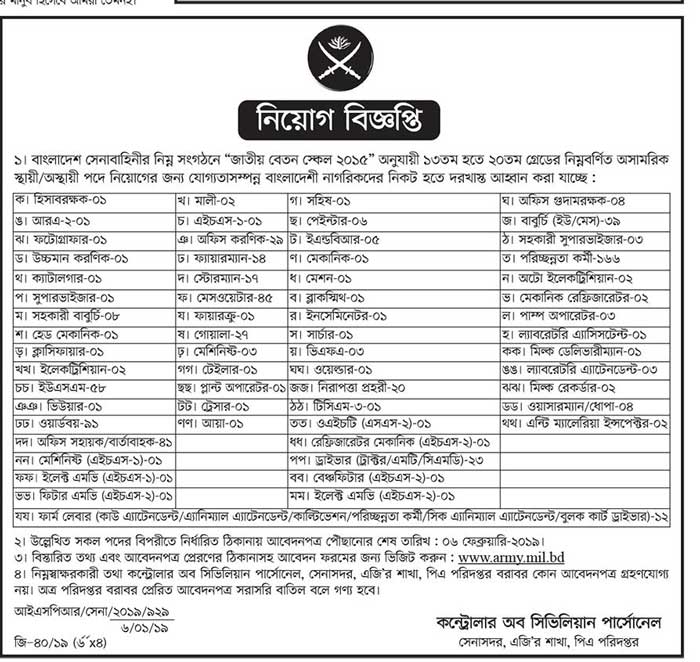 Bangladesh Army Civilian Job Circular 2019