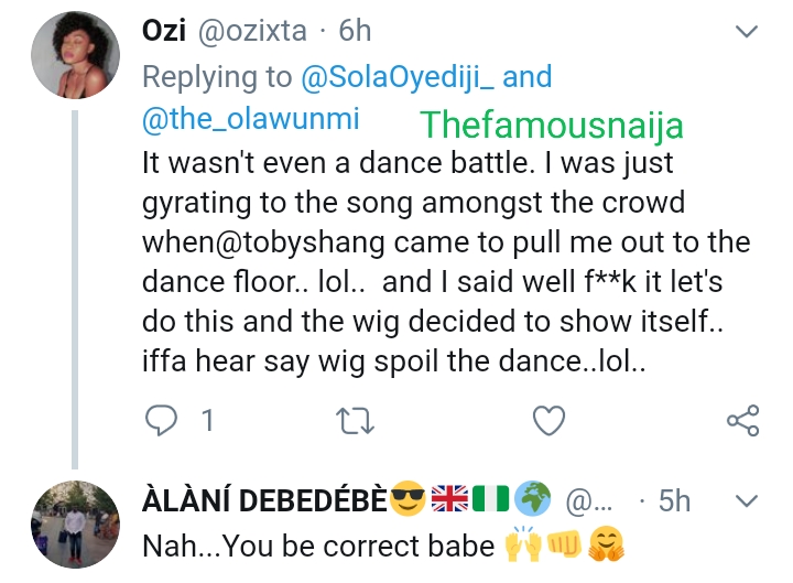 People started laughing but she stylishly picked up the wig and