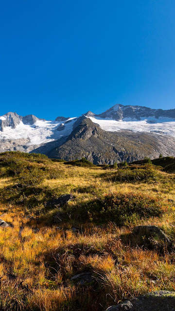Wallpaper snowy mountains, field, blue sky Wallpaper snowy mountains, field, blue sky