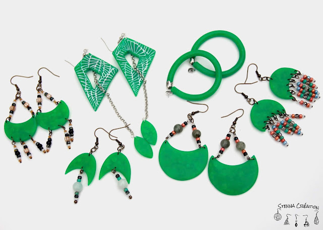 Boucles oreilles pâte polymère transparence verte assemblage Stenna Création Fimo