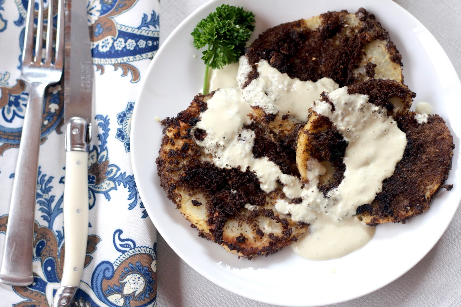 Celery Root Pumpernickel Schnitzel with Creamy Blue Cheese Mustard