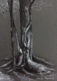 charcoal and white pastel pencil sketching of a tree by Manju Panchal