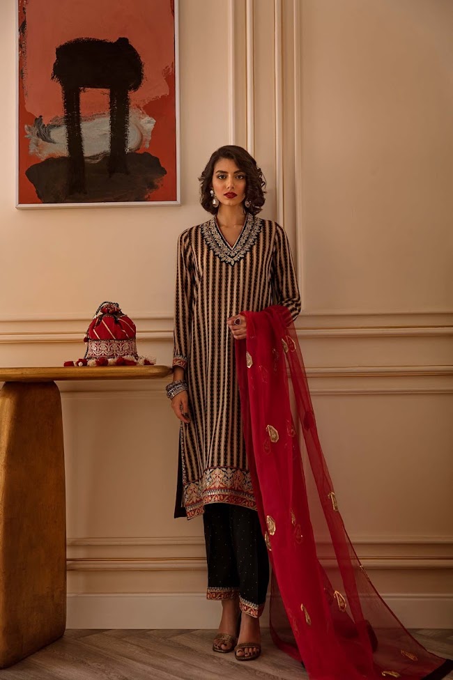 Ethnic Black & White Viscose Suit