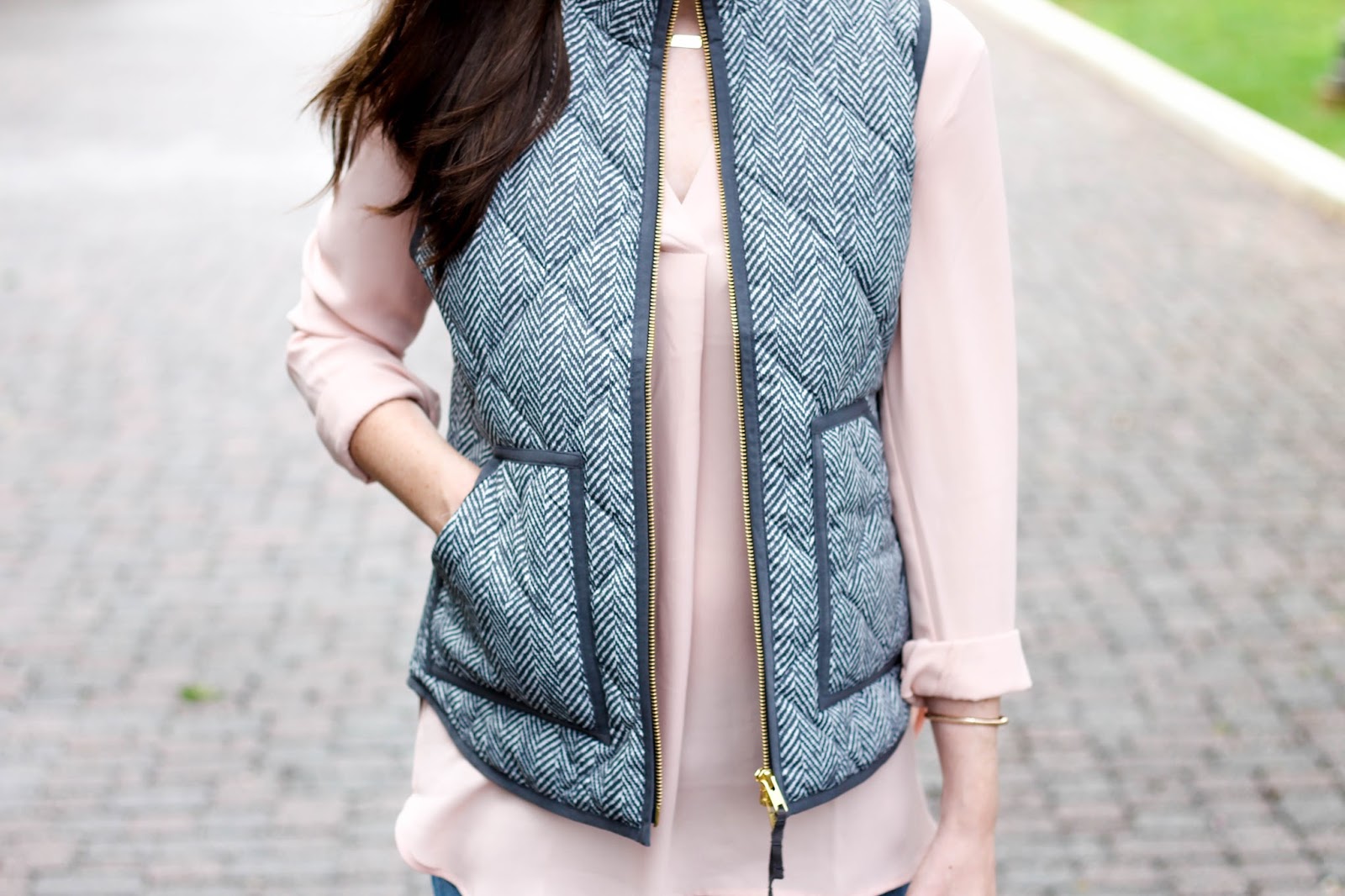 LOFT Boyfriend jeans, J.Crew Herringbone puffer vest, herringbone vest, pink LOFT tunic, vera bradley satchel, suede tan booties, j.crew, LOFT, Sole Society booties, Vera Bradley, fall outfit, cute outfit for fall, fall vest