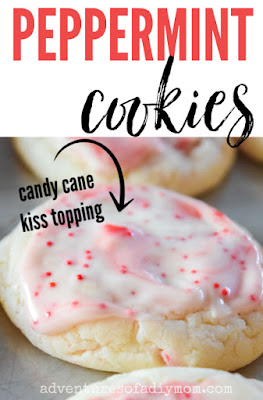 peppermint kiss cookies with melted candy cane kisses