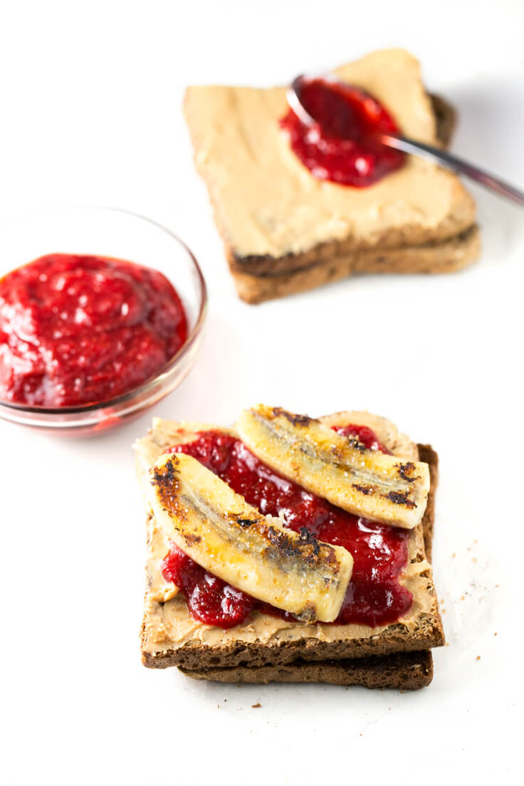 Rhubarb Jelly Sandwich: This is the upgraded version of the traditional peanut butter and jelly sandwich. It is made with homemade rhubarb jam and banana. Rhubarb Jelly Sandwich: This is the upgraded version of the traditional peanut butter and jelly sandwich. It is made with homemade rhubarb jam and banana.