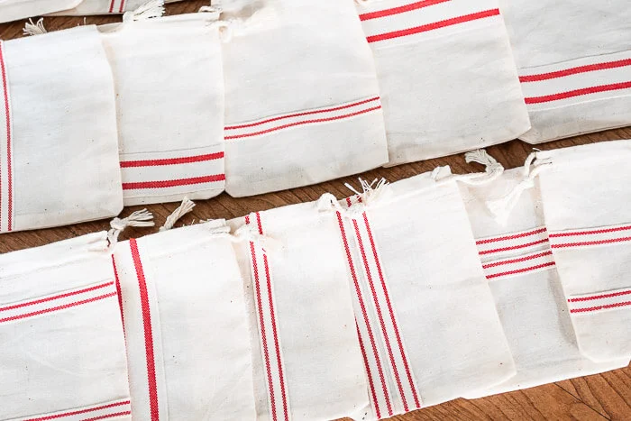 red striped faux grain sack bags made from ribbon