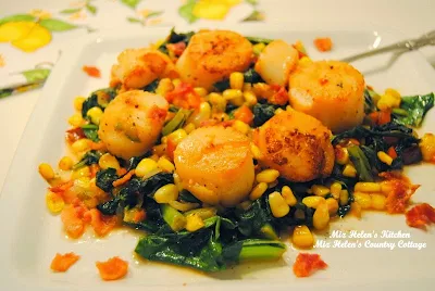 Seared Sea Scallops with Corn and Greens at Miz Helen's Country Cottage
