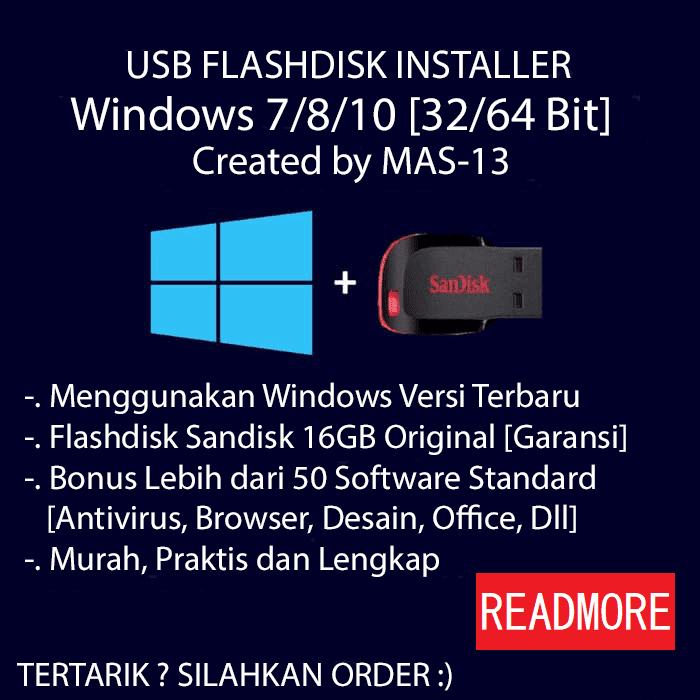 USB Flashdisk Installer Windows 7 8.1 10 + Bonus Paket Software Murah