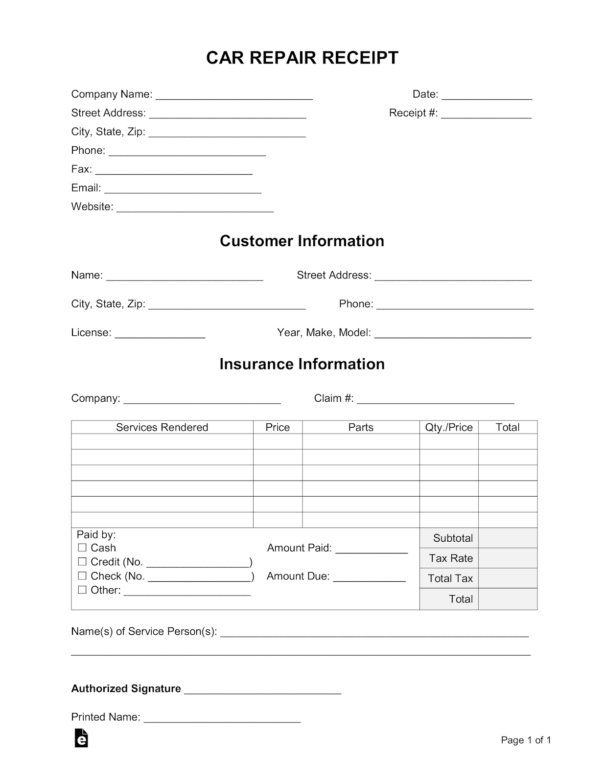 Auto Repair Receipt Pdf Invoice Template