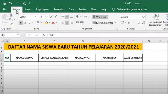 tabel siswa di excel