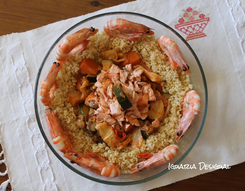 Bulgur com Salmão e Camarão